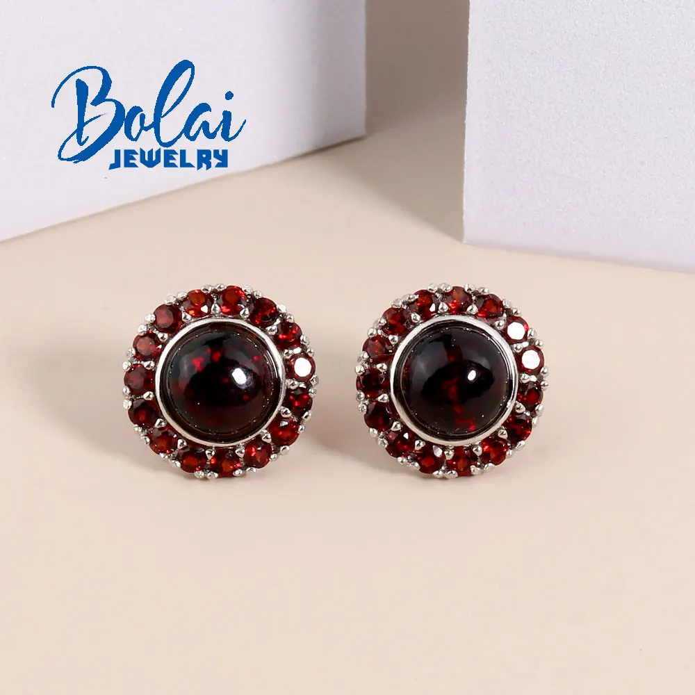 

Natural black opal round 7.0mm paired with Red garnet earrings 925 silver fine jewelry women's anniversary gift