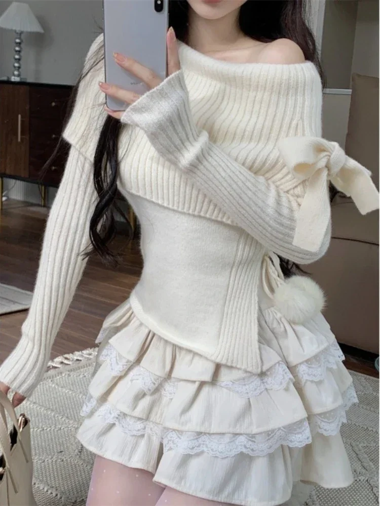 Winter Kawaii Sweet 2 Piece Set Woman Off Shoulder Bow Knitted Tops + Mini Cake Skirt Female Korean Fashion Casual Suit 2024 New