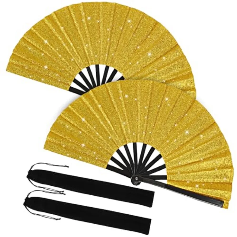 

2 Pack Large Folding Hand Fans with Fan Bags, Large Clack Rave Fan Glitter Festival Hand Fan for Party, Music Festival, Club, B