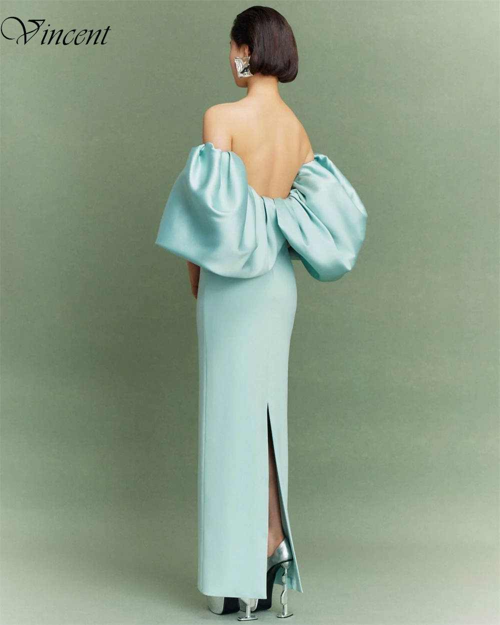 

Customized Simple Jersey Evening Dress Temperament Strapless Off the Shoulder Prom Dresses Short Sleeves Backless Cocktail Dress