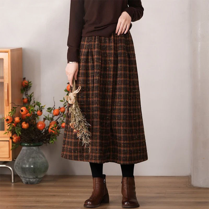 Lucyever Vintage Plaid Thicken Winter Skirts for Women 2023 Autumn High Waisted Long Woolen Skirt Women Elegant A-Line Skirts