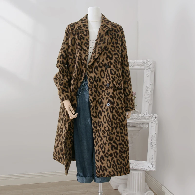 

Leopard Print Medium Length Woolen Coat for Women's Winter Wear New Niche Design Fashionable Temperament Loose Fitting Coats