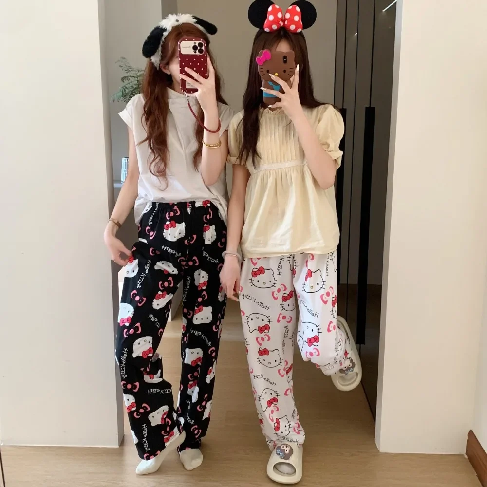 

Пижамные брюки Hello Kitty для девочек, новые свободные повседневные брюки на весну и лето, спортивные штаны с мультяшным рисунком Y2K для пар, которые можно носить на улице