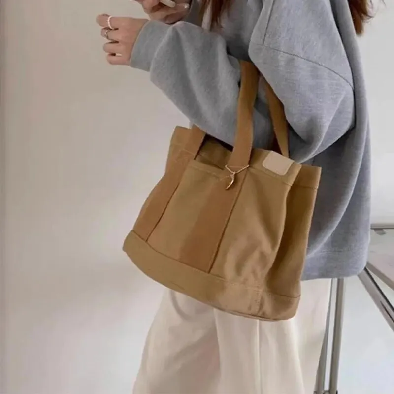 Daily Lunch Bag Practical Large Capacity Handbag Canvas Bag For Women Shopping With Badge Student Book Pocket