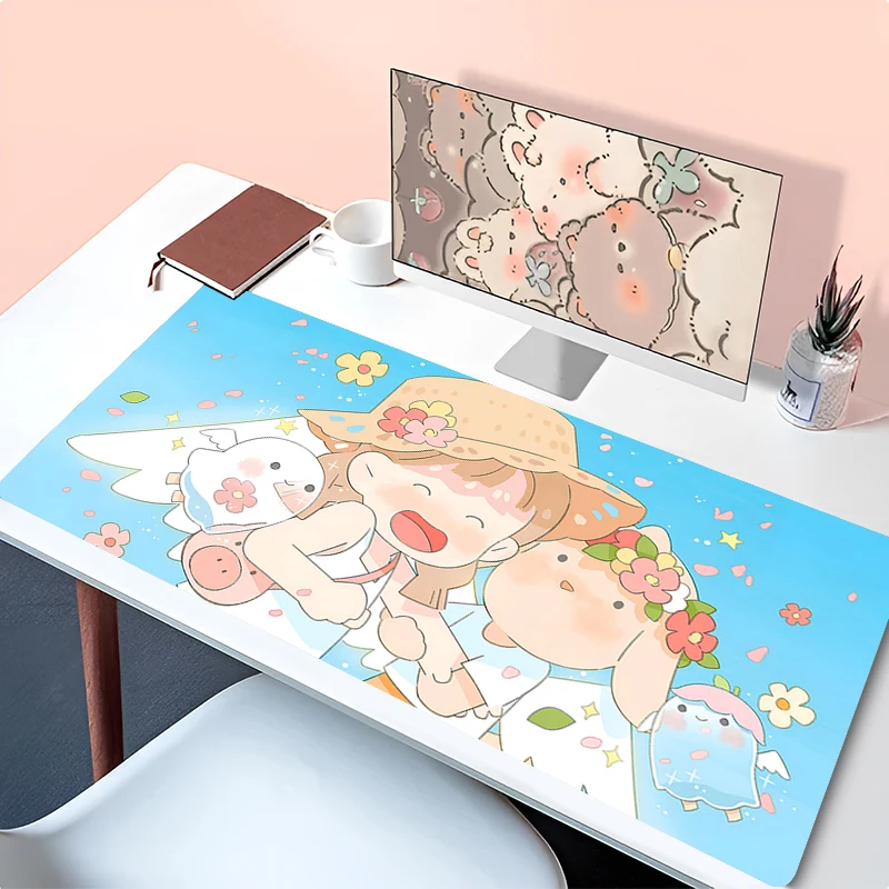 

Flower Bunny Table Pad Keyboard Rug Gaming Mouse Mat Large Mousepad Pastel Pink Animal Kawaii Cute Ghost Anime Girl Desk Pad XXL