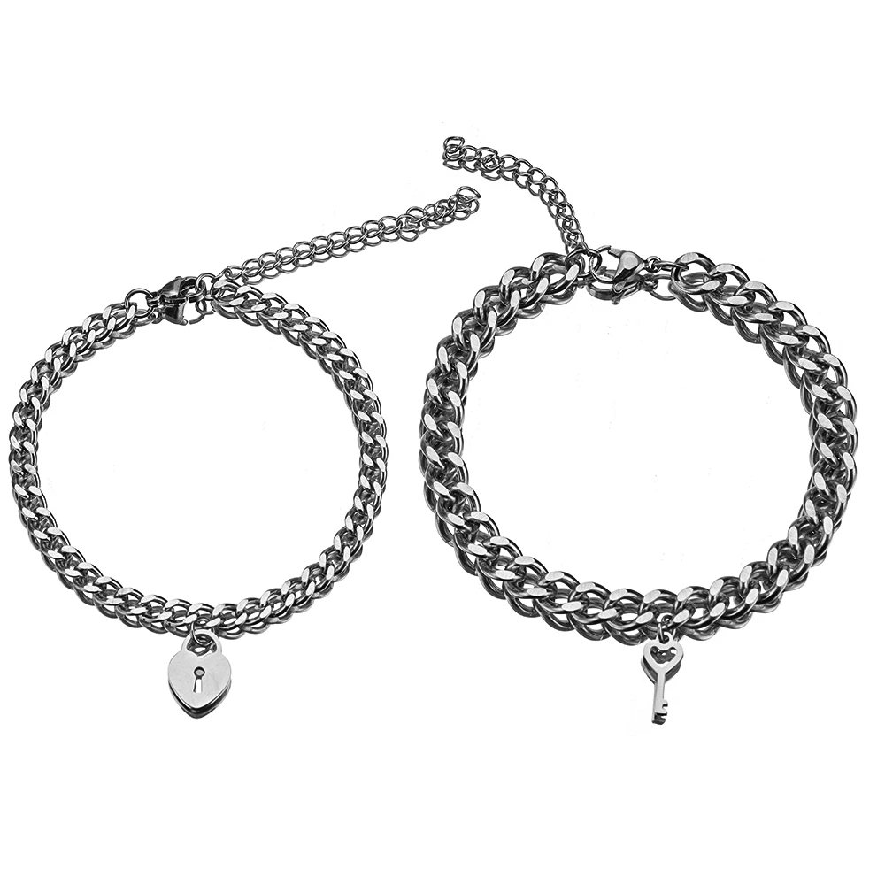 2pcs/set Lock key Couple Stainless Steel Couple Bracelet for Men and Women Waterproof Colorfast  Jewelry Valentine\'s Day Gift