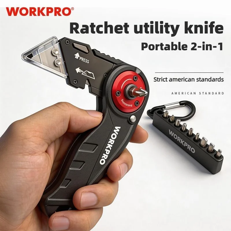 

Универсальный складной нож-открывалка Workpro 2-в-1 с отверткой, 10 сменными лезвиями, отсеком для хранения и функцией зачистки проводов, ручной инструмент