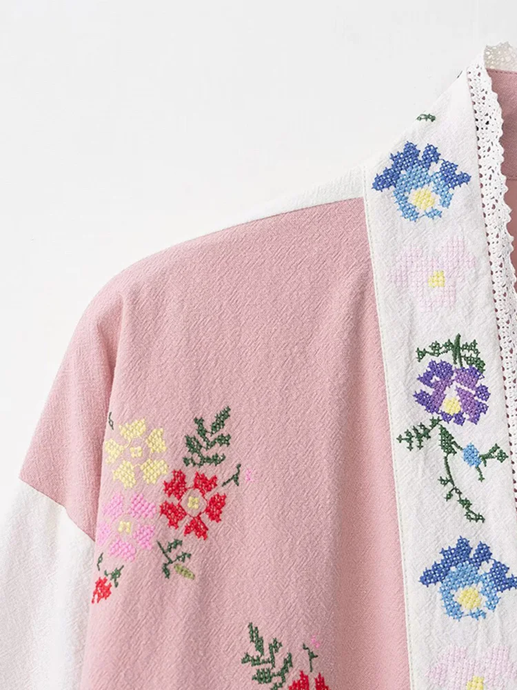 

Fashion Women's Short Jackets Flower Embroidery V-neck Loose Cardigan Coat 2025 Autumn Casual Vacation Style New In Outerwears﻿