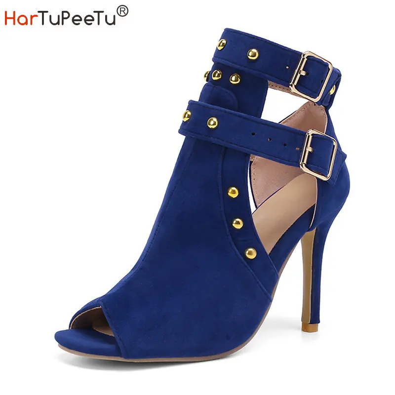 

Peep Toe Stiletto Sandals Women Shoes 10cm Thin High Heels Summer 2024 Size 35-43 Rivets Decorate Flock Elegant Zapato Mujer