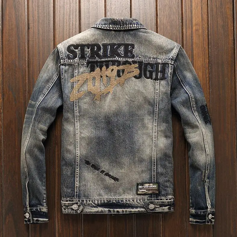

Мужская джинсовая куртка, американский повседневный облегающий костюм-локомотив, весенне-осенний топ с вышивкой