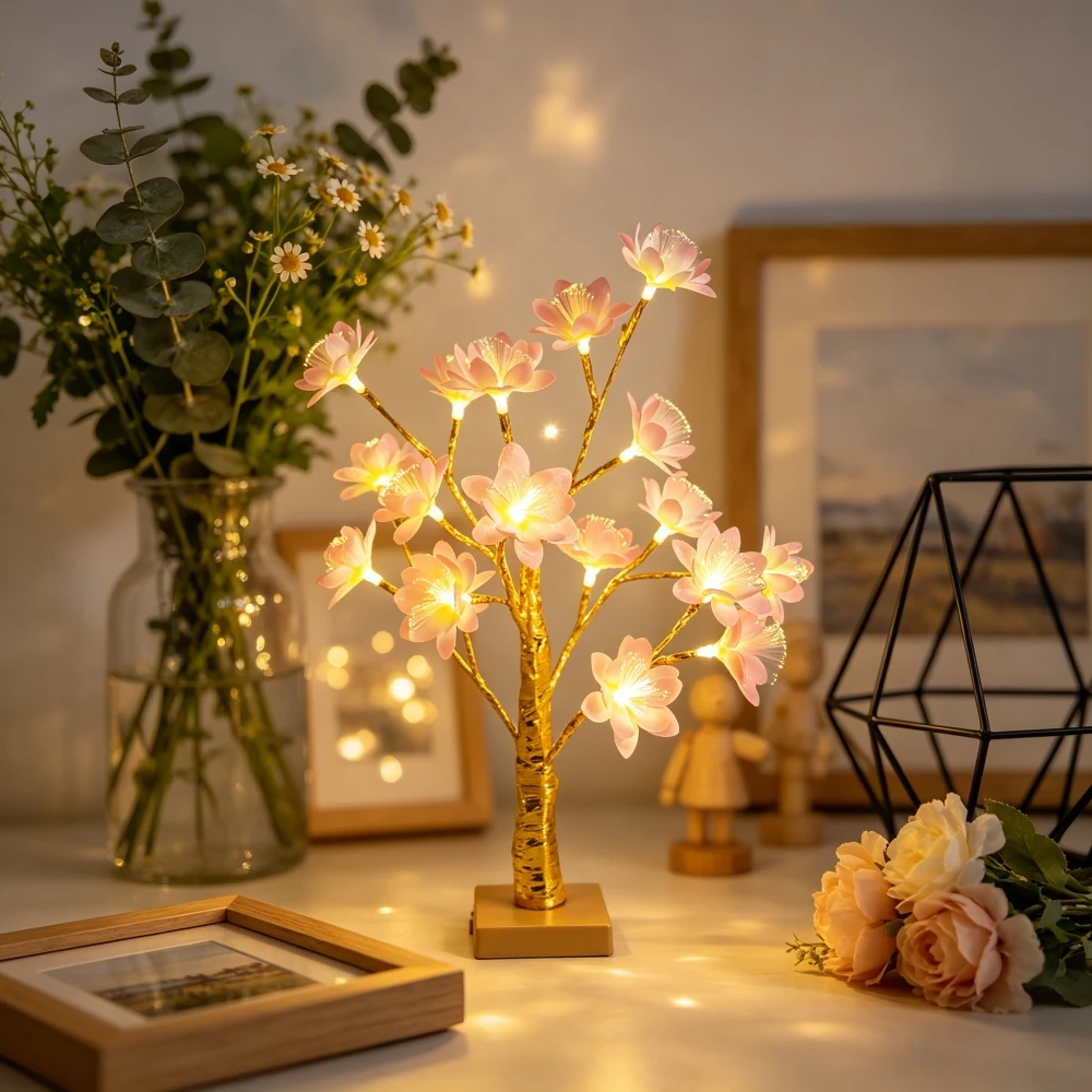 Camellia Flower Golden Birch Tree LED Table Lamp,Battery Powered Night Light for Bedroom, Dining Table, Wedding Home Decoration