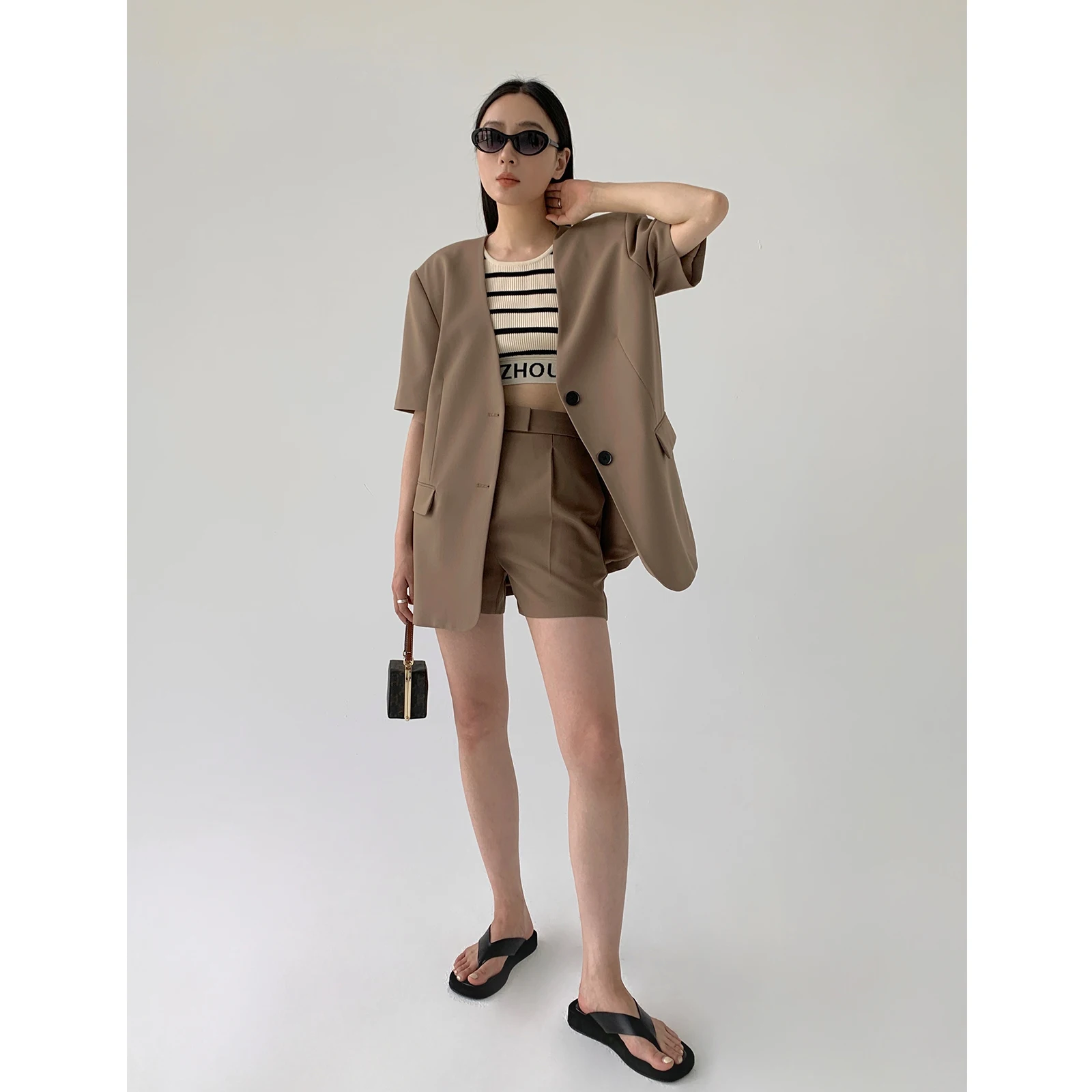 Casual Short Sleeve Suit Jacket Women's No Collar Outerwear Set Small Business Professional One Button Closure Loose Fit