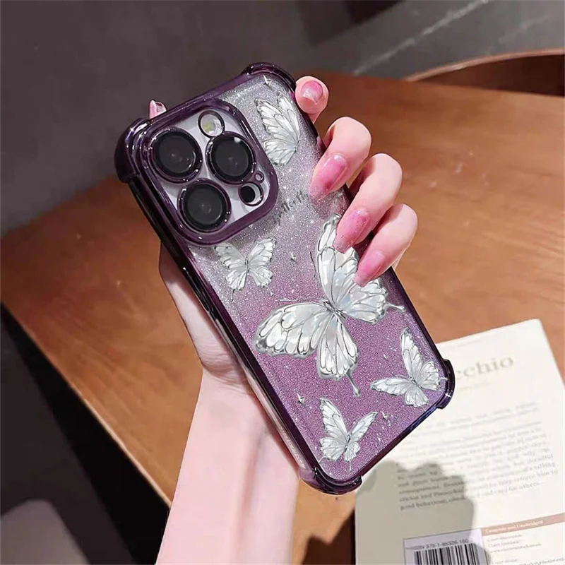 Butterfly Flash Powder Card Phone Case For IPhone 17 Pro Max 16 15 Pro Max Plus 12 13 Mini Plating TPU Airbag Korean Cover