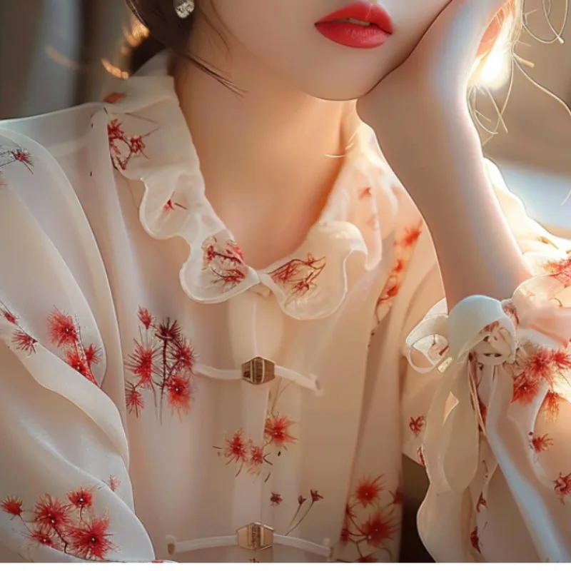 2024 Spring New Chinese Style Chic Splicing Edible Tree Fungus Chiffon Long Sleeve Blouses Button Loose Pullover Women\'s Shirts