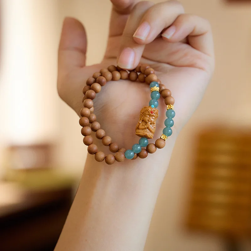 Natural Blue Water Jade Bead Bracelet Female Zakiram Sandalwood Double Layer Bracelet Elegant Retro Buddhist Jewelry Wholesale