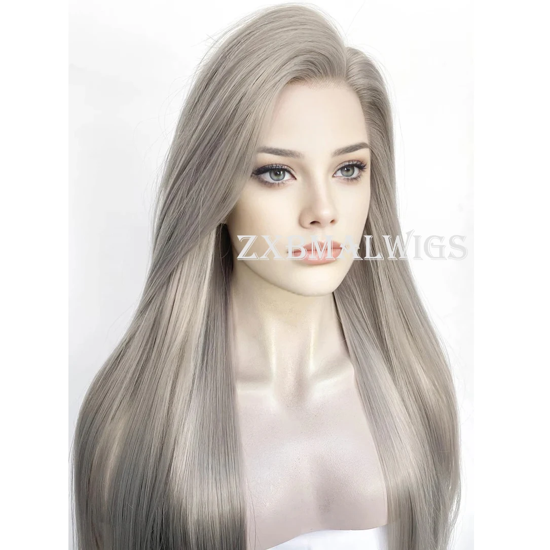 Synthetic Hair Pastel Blondish Grey Straight Glueless 13X4  Lace Front Wig For Women Preplucked   Heat Temperature Daily Cosplay