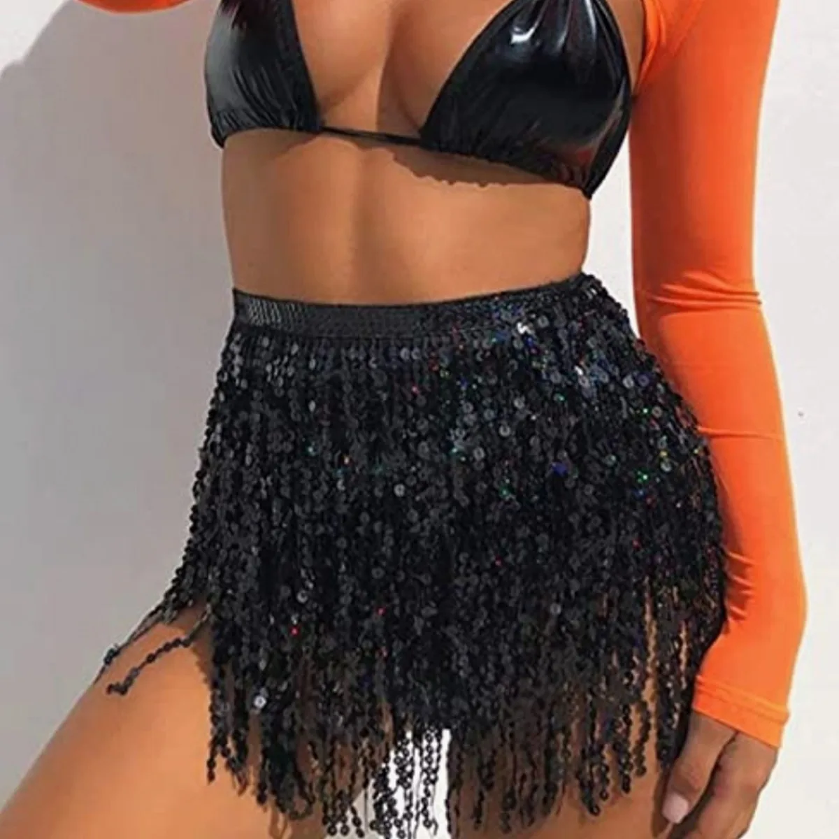 Preto lantejoulas borla saia feminina sexy hip cachecol ajustável dança do ventre dançarino cigano wear 2025 novo traje