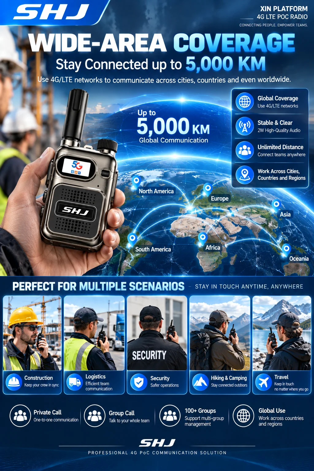 SHJ 4G LTE PoC Radio Global Network Walkie Talkie with SIM Card Lifetime Free XIN Platform Data Unlimited Groups Members Private