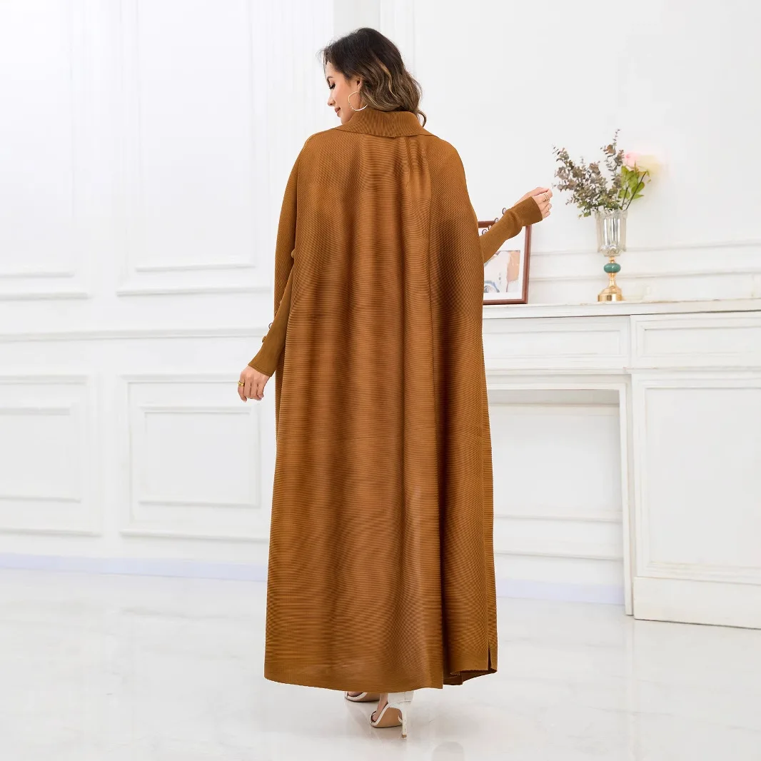 2025 novo casaco trench plissado com mangas morcego, tamanho grande, estilo étnico, cor sólida abaya, robe feminino elegante