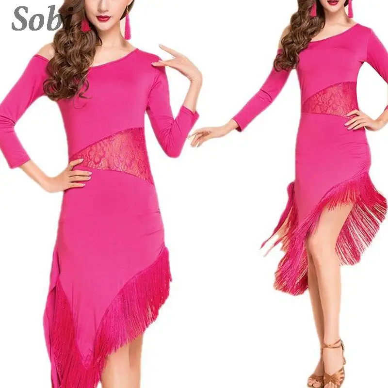 New Latin Dance Dress Sexy Mesh Stretchy One-piece Latin Dress for Women Long-Sleeve Tassel Ballroom Tango Cha Cha Rumba Costume