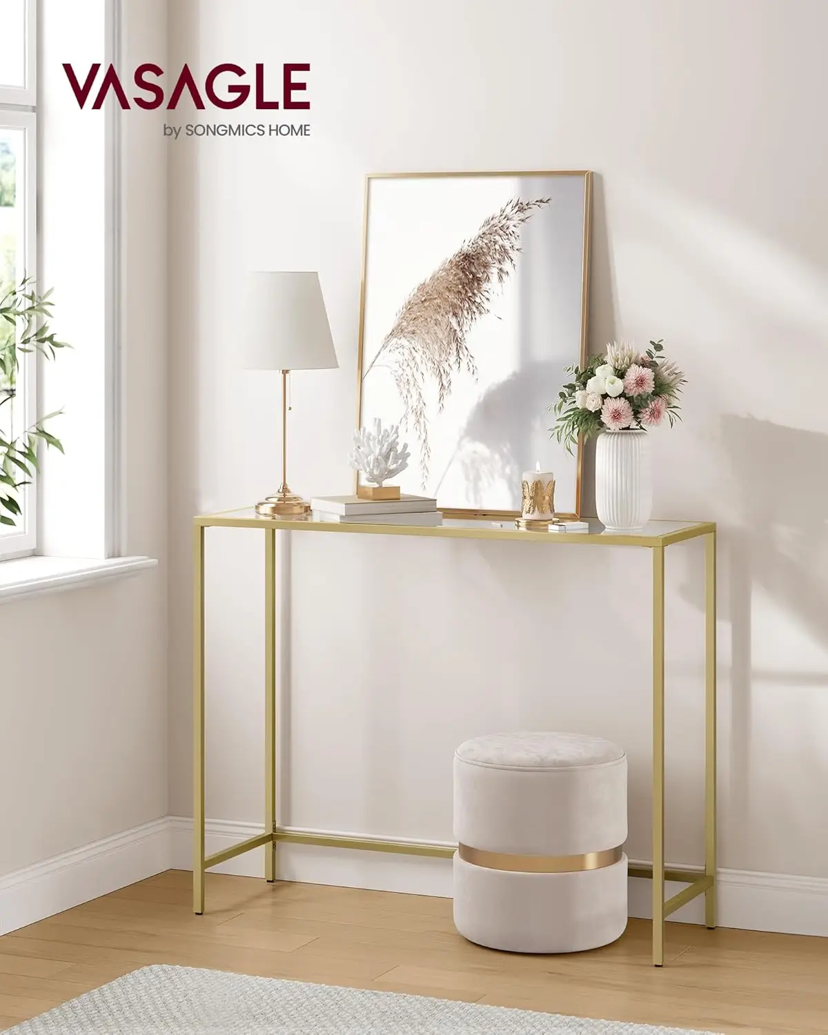 39.4 Inches Console Table, Tempered Glass Sofa Table, Modern Entryway Table, Metal Frame, Easy to Assemble, Adjustable Feet