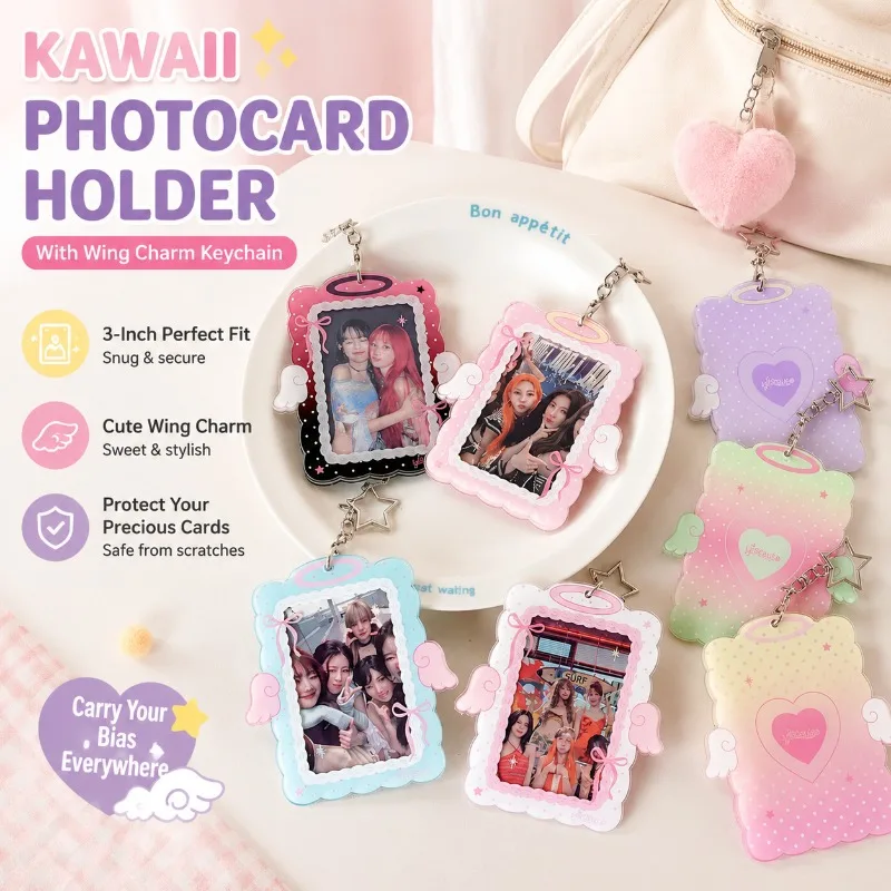 Kawaii 3-Inch Photocard Holder with Wing Charm Keychain, Kpop Idol Photo Sleeve for Student ID Bag Pendant, Cute Card Protector
