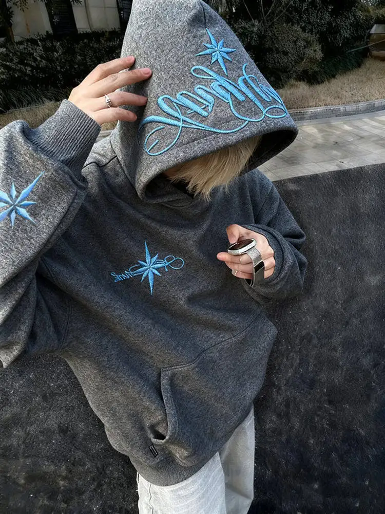 Autumn Winter American High Street Men's North Star Embroidered Gray Hooded Sweatshirt Couple Loose Casual Velvet Gray Hoodie