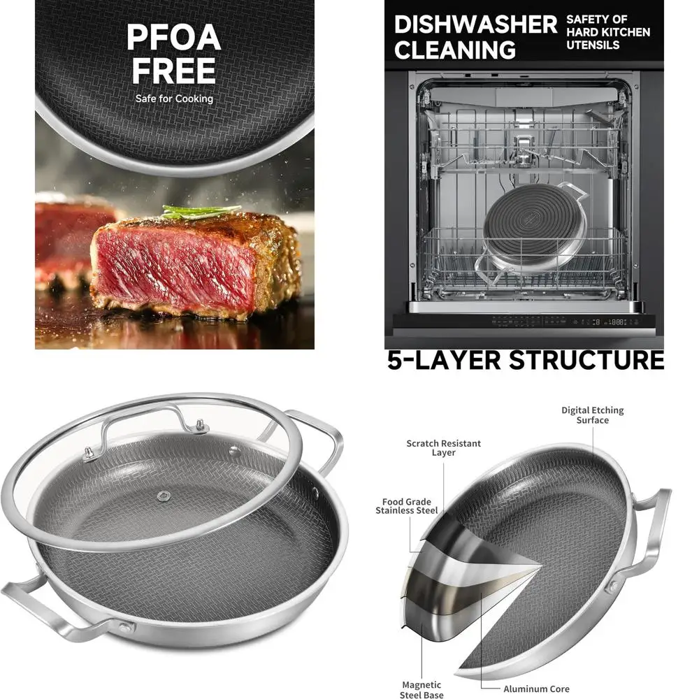 Sartén para Paella Antiadherente con Asas Laterales y Tapa, Acero Inoxidable de Triple Capa, Apta para Inducción, Resistente al Horno hasta 600 Grados ° Apto para lavavajillas