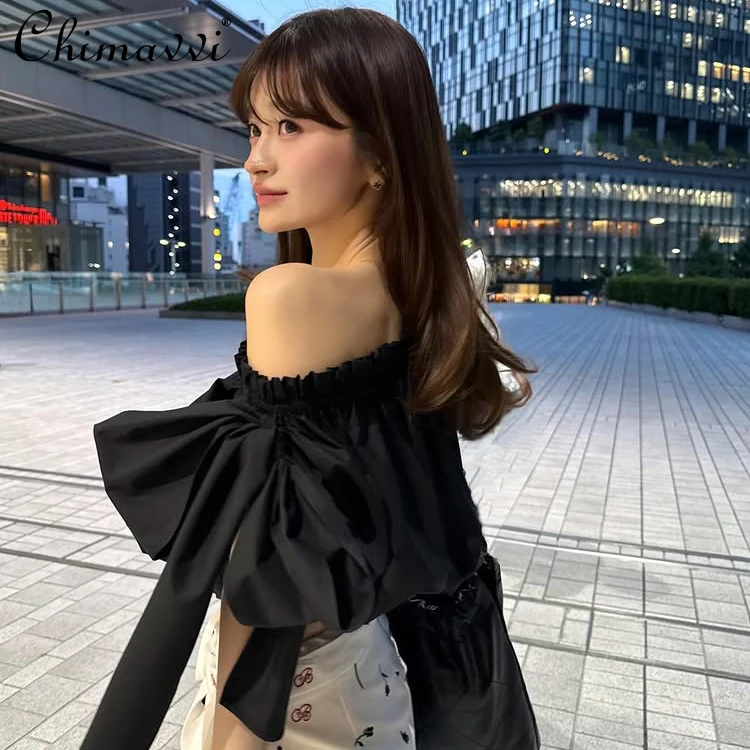 Japanese 2025 Summer Women's Personalized Off-shoulder Pleated Fungus Bow Asymmetrical Short Shirt Top Black and White Blouse