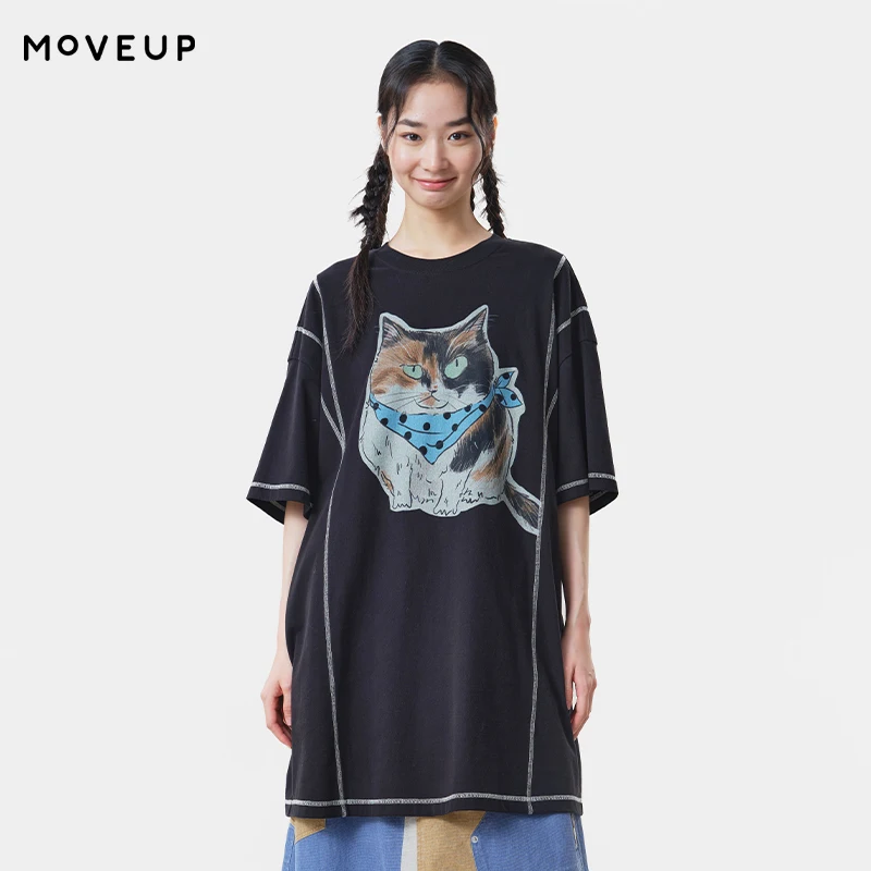 MOVEUP Women's Crew Neck T-Shirt 2026 Autumn Contrast Stitching Cute Cat Print Loose Casual Mid-Length Oversized Top 3ELQ10536