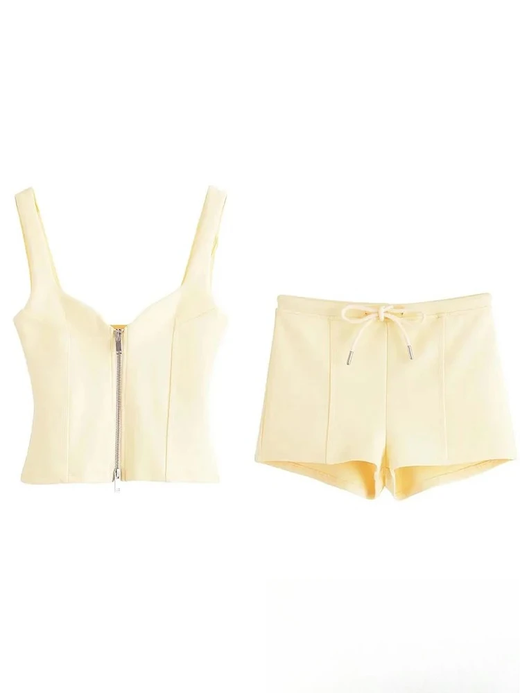 

KONDALA повседневный шикарный женский костюм желтый однотонный камзол без рукавов на молнии короткий жилет шорты на шнуровке модные летние женские комплекты 2023