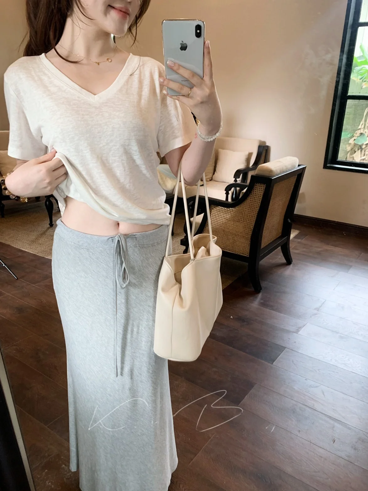 Gray Mask Texture Loose Fit V-Neck Top And Wrap around Skirt with Drawstring Two Piece Spring Fashion Set for Women
