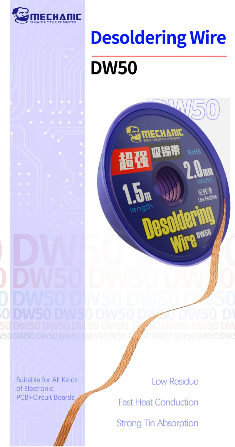 MECHANIC Starke Kupfer Entlötdraht Geflecht Solder Docht Entferner 1,0/1,5/2,0/2,5/3,0/3,5mm Löten Zinn Sucker BGA Werkzeuge – Detail 1
