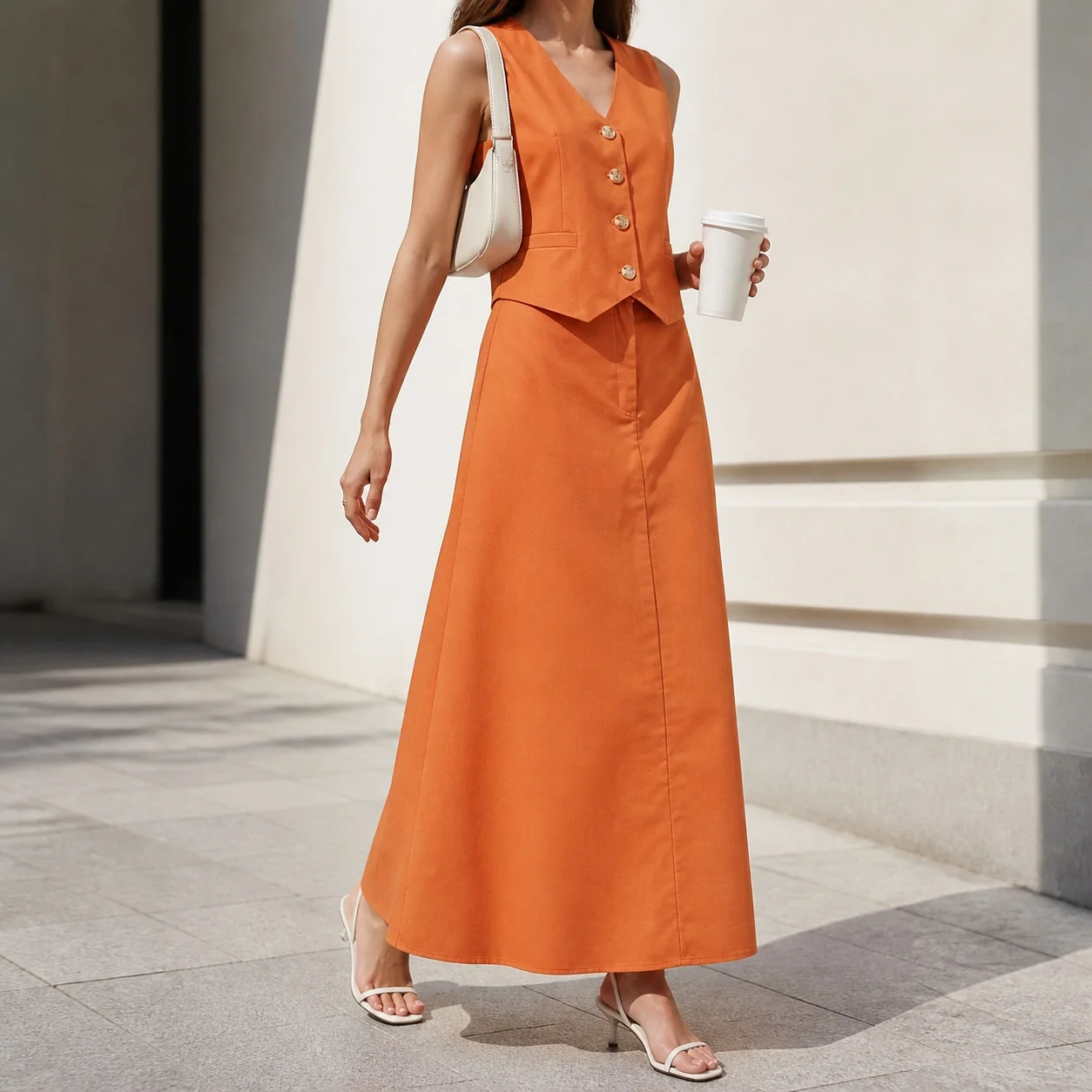 Casual Patchwork Top Maxi Length Simple Style Vest Top with Sleeveless Long Skirt No Pattern Spring Summer Women Dress Sets
