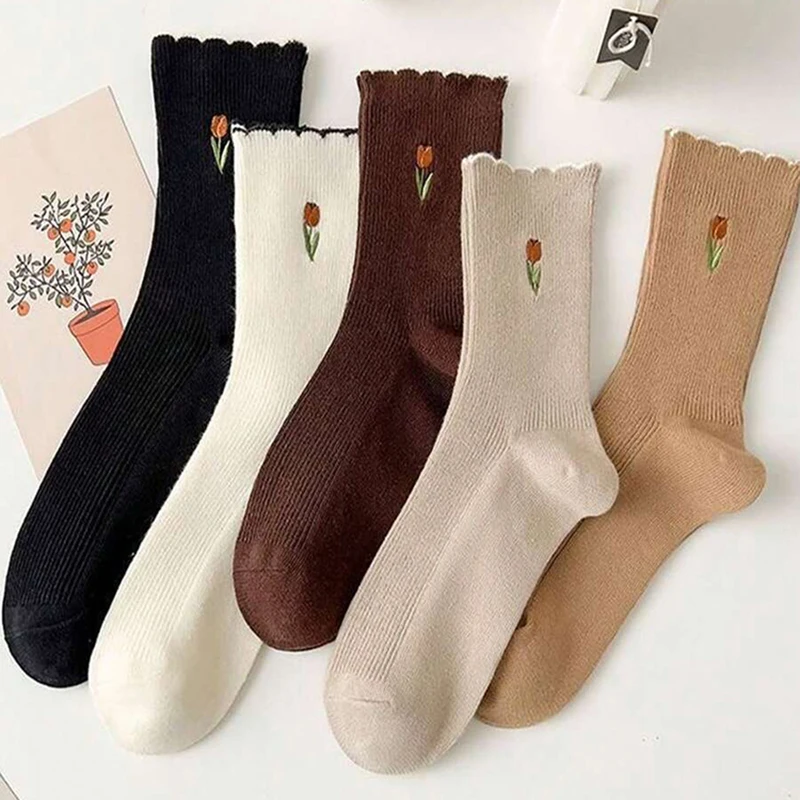 5 Pairs Women Floral Patterned Mid Tube Socks Fashionable Pleated Edges Vintage Color Soft Comfortable All Season Casual Socks