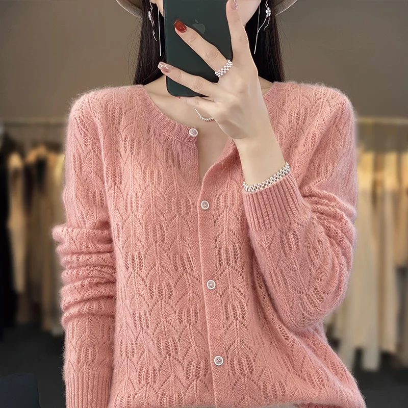 100% Merino Wool Clothing Women's Knitting POLO Collar Cardigan Spring and Autumn Casual Loose Shirt Jacket Korean Fashion