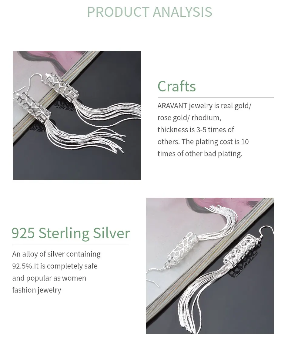 ARAVANT 925 Silver Long Tassels Drop Earring For Women Girls Fashion Jewelry