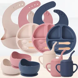 1/5Pc BPA Free Silicone Baby Feeding Set Sucker Bowl Dinning Plate Straw Cup Spoon Forks for Kids Baby Tableware Children Dishes