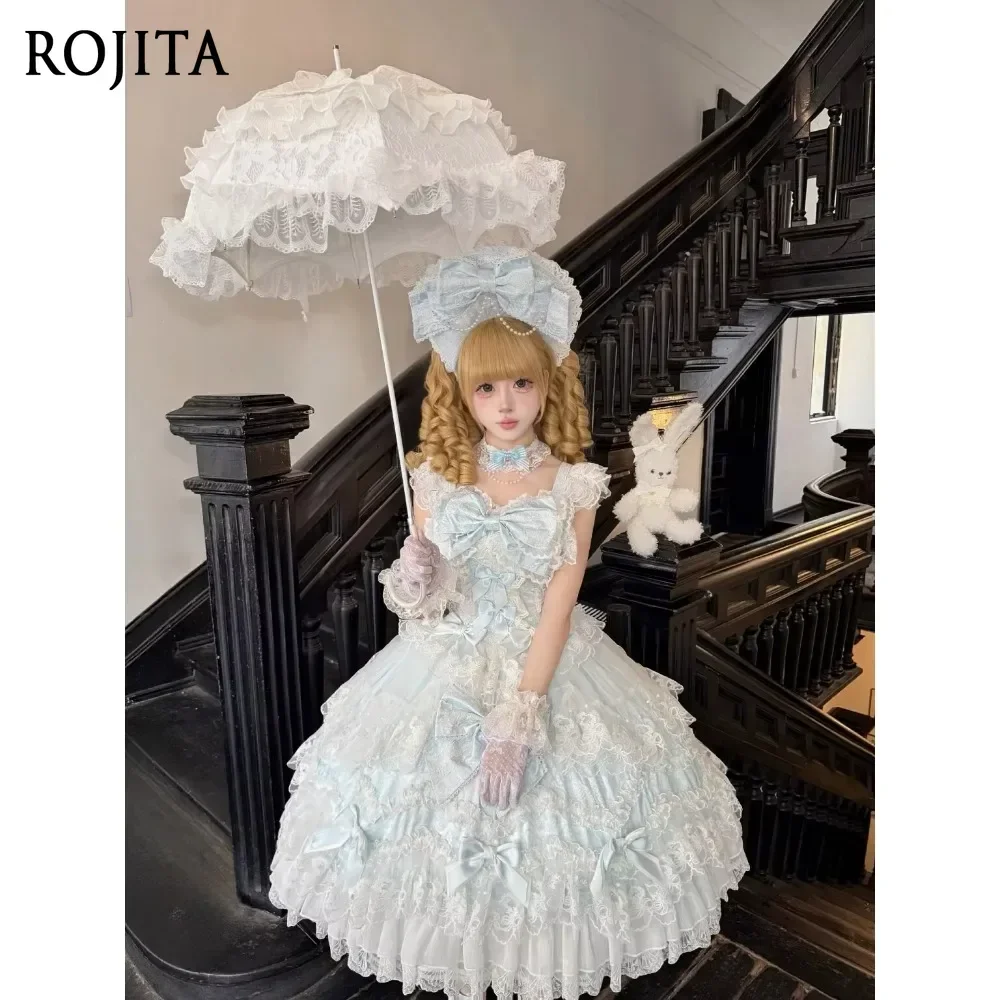 Ladies Elegant Sweet Lolita JSK Dress Tiered Tulle Lace Ruffle Sleeveless Jumper Skirt Big Bows Vintage Princess Dress