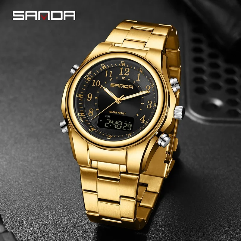 SANDA-Montre de sport pour hommes, bracelet en acier inoxydable, quartz, chronomètre, chronographe, étanche, électronique, montre-bracelet