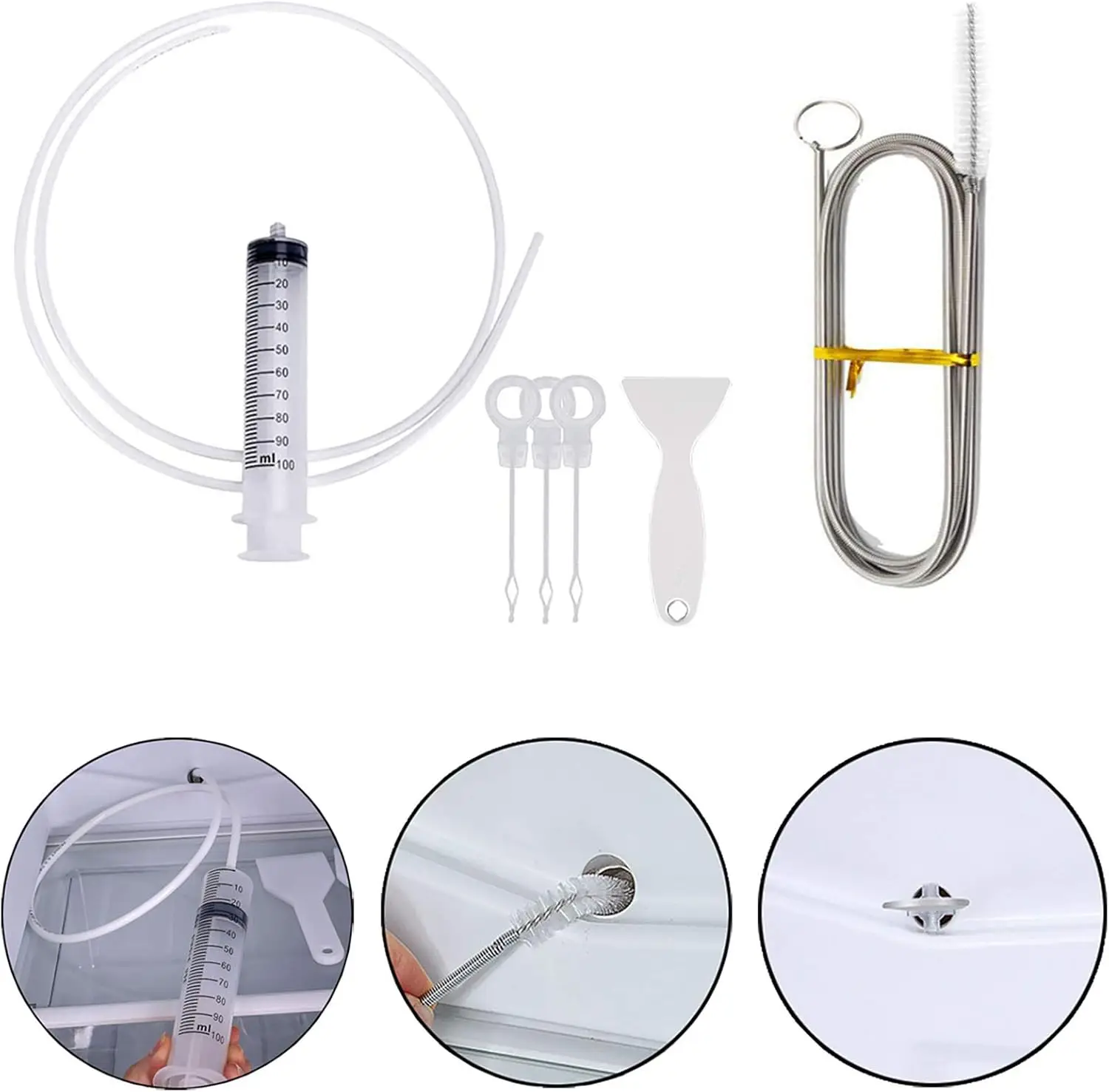 Kit de cepillo de limpieza para drenaje de refrigerador, cepillo de lavado, jeringa de succión, manguera de 1,5/1M, limpiador de agujeros de drenaje para nevera, herramienta de dragado, 5/6 Uds.