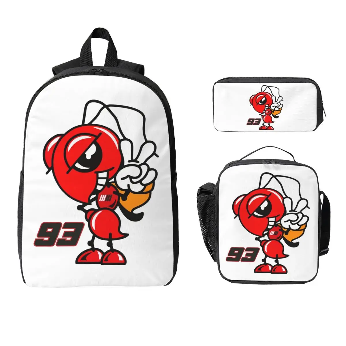 Mochila para motocicleta Marc Marqueze 93, mochila escolar para meninos e meninas, bolsa de ombro para laptop, 3 peças, bolsa térmica para almoço, estojo para lápis