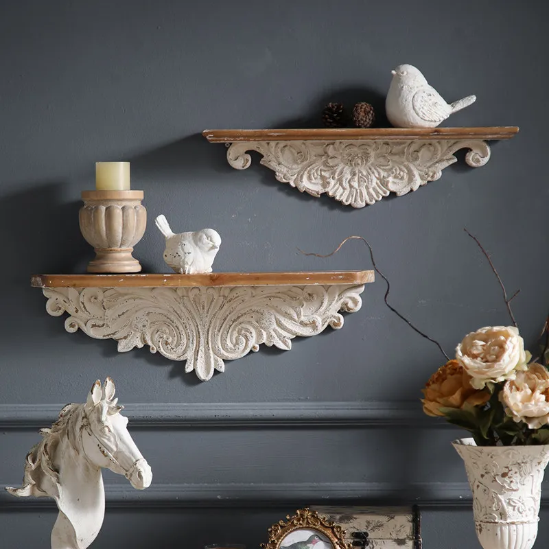 Vintage Distressed Wall Shelf, Carved Wall Mounted Display Rack, Rustic Background Decor for B&B & Hotel, Home Wall Ornament