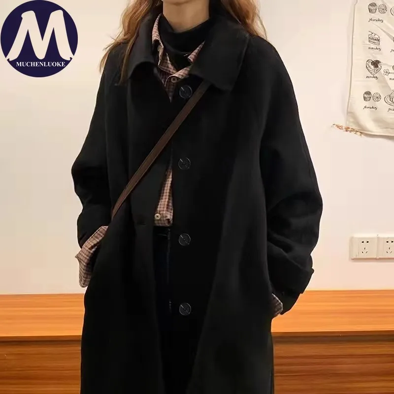 

Женская куртка осень-зима, новое элегантное универсальное длинное шерстяное пальто с длинными рукавами, корейское модное повседневное свободное утепленное пальто