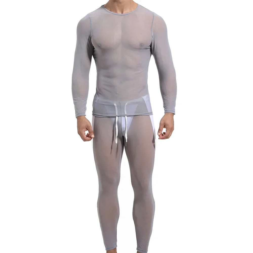 

Fitness Men Undershirts Transparent T Shirt Pant Mesh See Through Long Sleeve Tops Long Johns Leggings Underwear Male Homewear