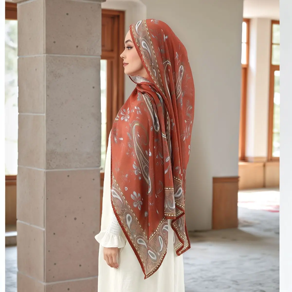 Women's Cashew Print Cotton Long Scarf Wide Edge Sunscreen Shawl Dunhuang Head Scarf in Internet Celebrity Style