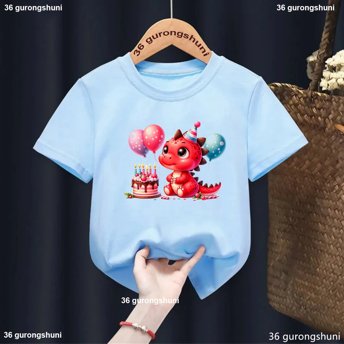 Dinosaurs Balloons Print T Shirt For Girls/Boys Birthday Gift Kids Clothes Funny Blue Tshirt Summer Fashion Toddler T-Shirt