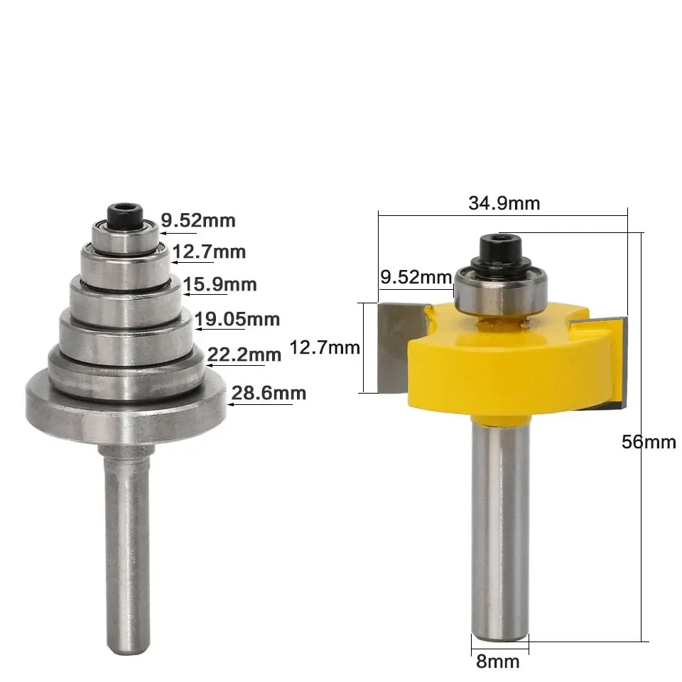 1Set 8MM Shank Milling Cutter Wood Carving Rabbet Router Bit with 6 Bearings Set -1/2"H Woodworking cutter Tenon Cutter for Wood
