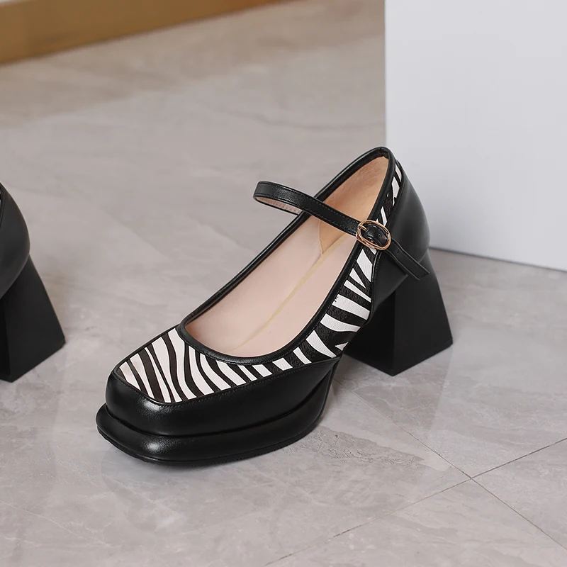 Zebra Pattern Square Head Breathable Women's Pumps Super High Tapered Thick Heel Buckle Sewing Mary Jean Shoes