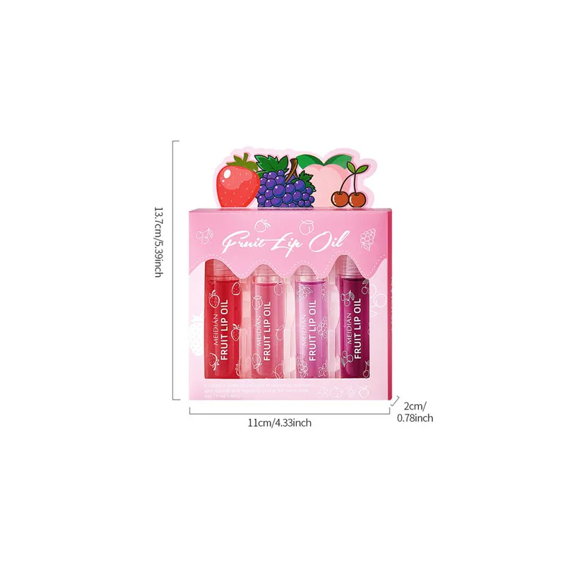 4-delige lipolieset - fruitige lipolie, langdurig hydraterend, zacht en niet irriterend, geschikt voor droge lippen